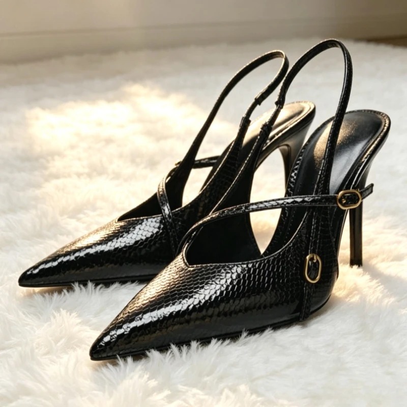Slingback Heel Formal - Sexy puntige neus getextureerde lederen hoge