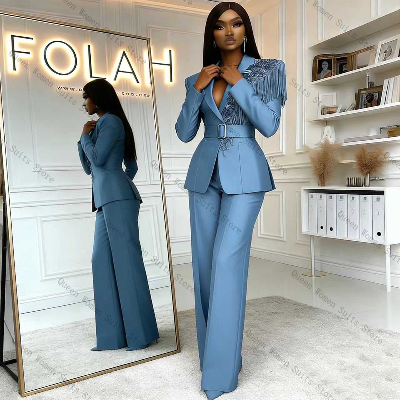 Women Formal Wear Trousers - Kwastje Blauw Vrouwen Pak Broek Set