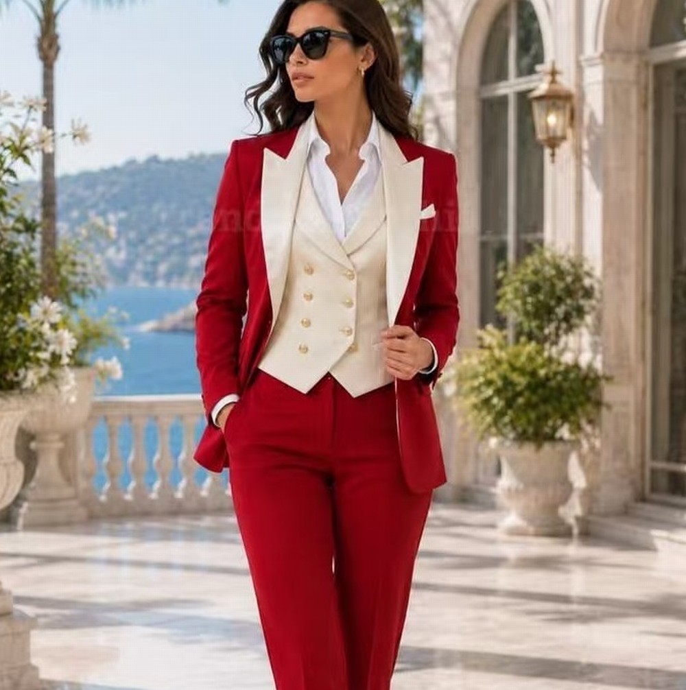 Blazer Set Women Formal - Ivoor en rood formeel zakelijk damespak