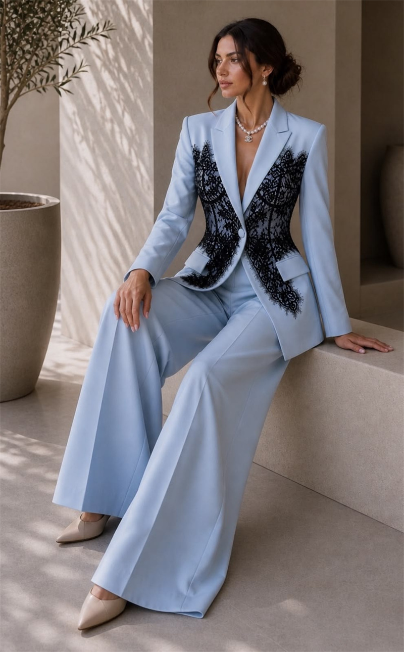 Women Formal Wear Trousers - Mode blauwe damespakken set 2-delige blazer