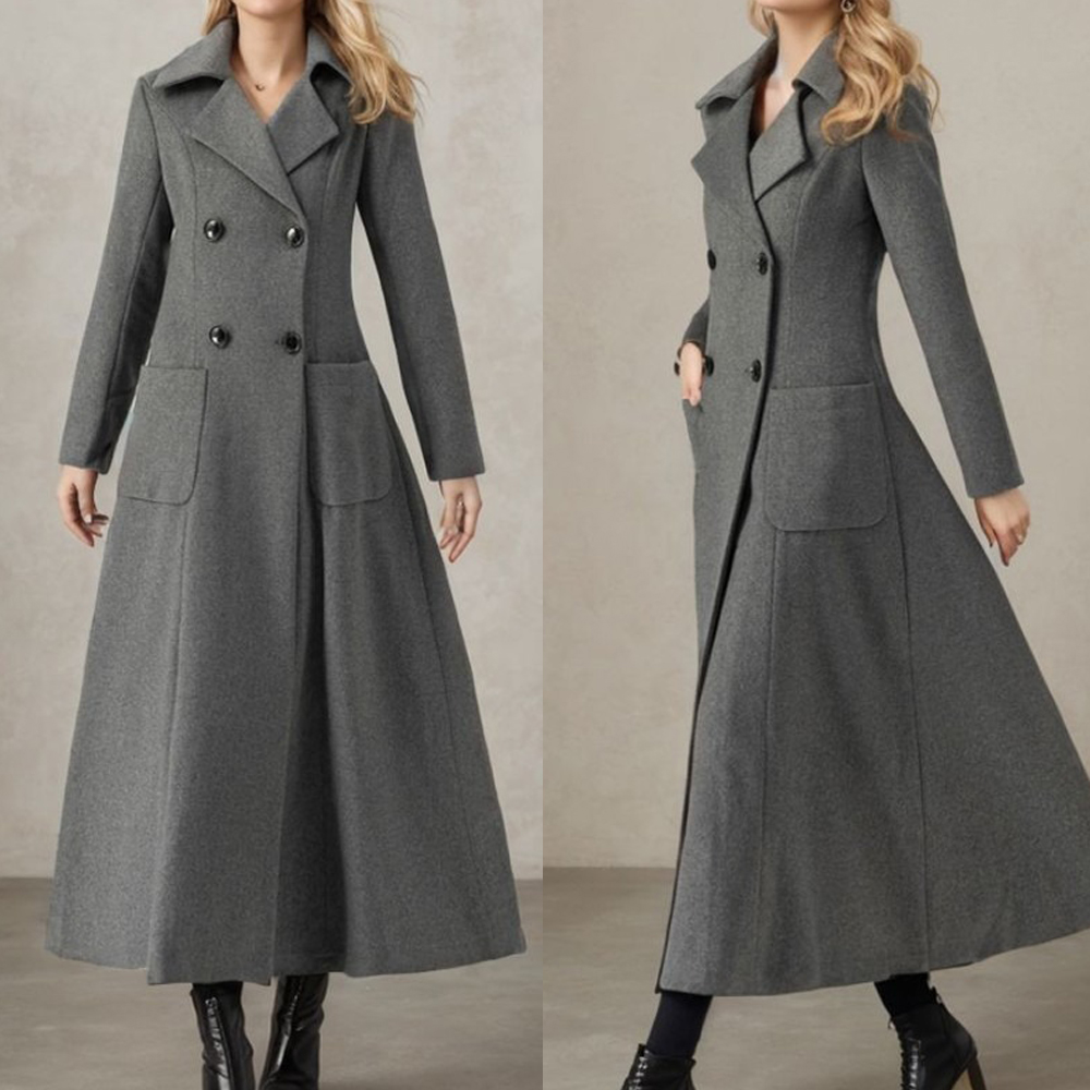 Tailored Coat Wool - Dames grijze lange jas wol dubbele