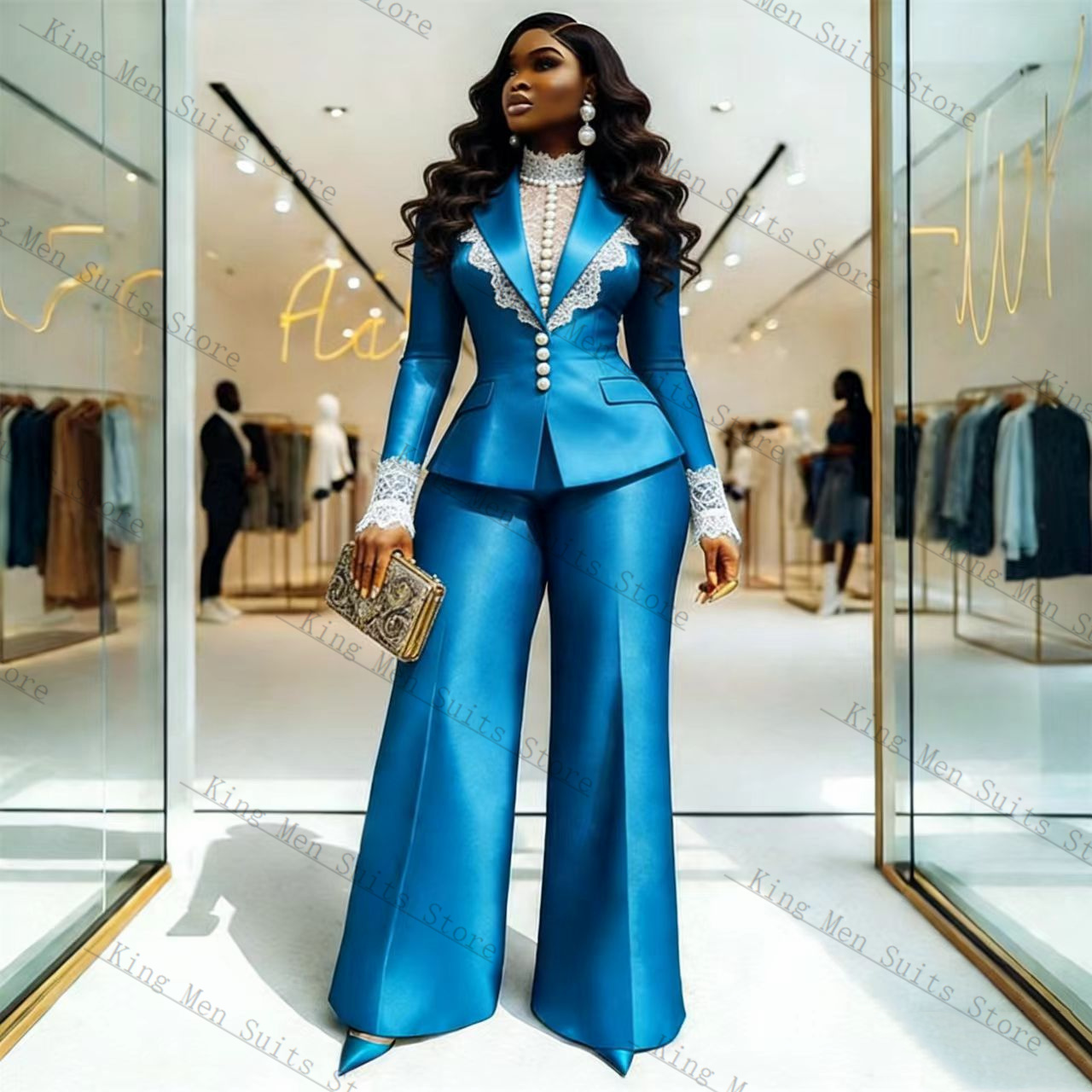 Blauw Satijn Kant Vrouwen Pak  - Women'S Formal Wear Tuxedo recensie en prijs